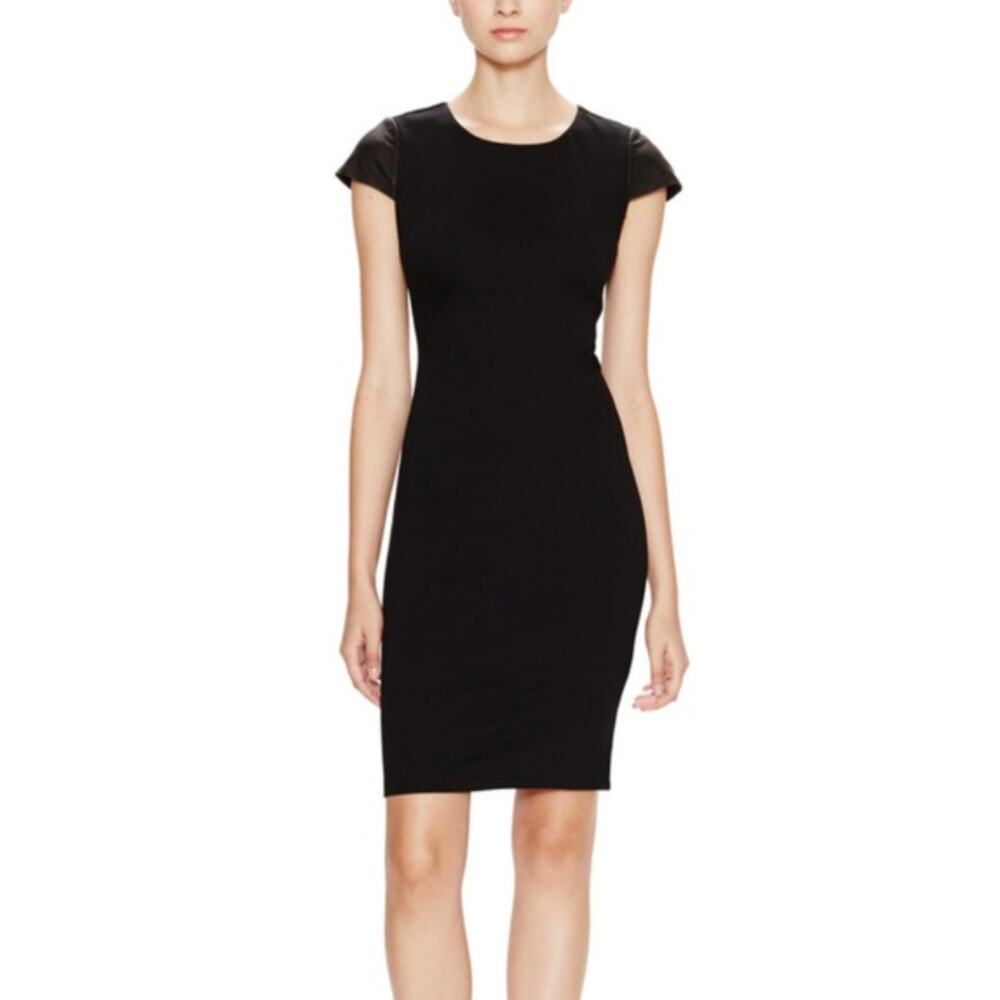 Alice‎ + Olivia Gracie Black Sheath Dress Leather Cap Sleeves in Black Size 2